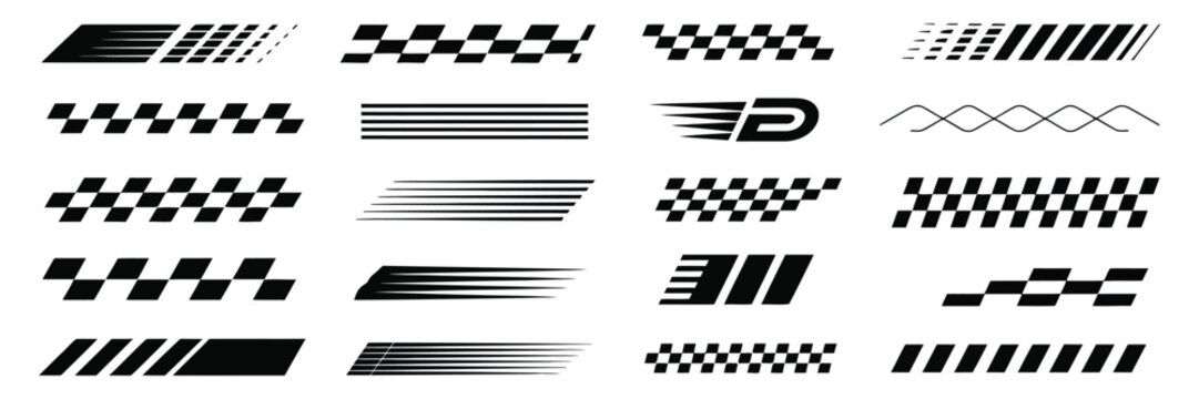 racing car stripes and checkered pattern vector set, finish line graphics, motocross labels, dynamic speed lines, motorsport decals, sport car wraps, suitable for automotive design, car tuning, and 