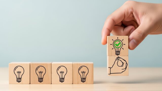 Hand holding wooden block with glowing green lightbulb and idea symbol above row of lightbulb blocks