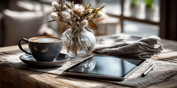Cozy workspace with coffee, tablet, and vase on wooden table