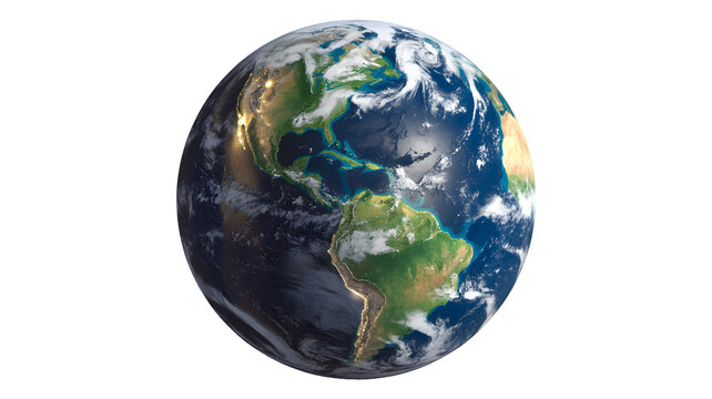 Realistic 3d rendering of planet earth showing continents and oceans isolated on transparent background