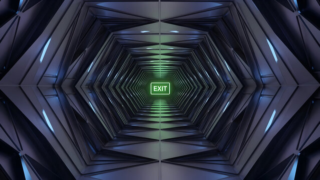 Abstract hexagonal tunnel with green exit sign glow
