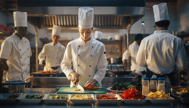 A culinary team prepares fresh ingredients in a professional kitchen. Chefs meticulously chop vegetables, symbolizing teamwork, precision, and food quality.
