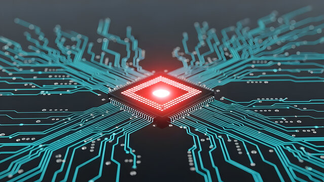Abstract microchip with glowing center and circuitry