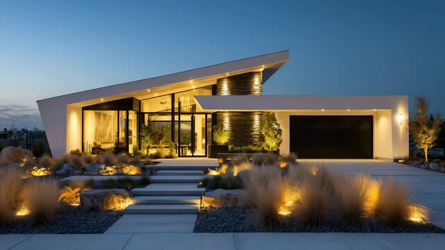 108Stunning modern architecture with pure white exterior, bold angular roof design, black garage door and glass front entrance, surrounded by neutral-toned dry grass landscaping in da