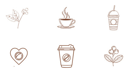 Set of six coffee and tea related line art icons including plant, cup, heart, and takeaway beverage