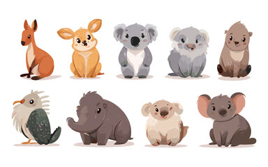 Australian Animals Cartoon Set &ndash; Koala Kangaroo Cassowary Wombat Cute Illustration