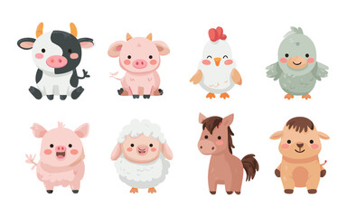 Fototapeta premium Cute Farm Animals Vector Set – Cow Pig Chicken Bird Horse Cartoon Illustration