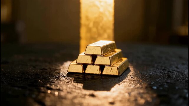 Luxurious gold bars stacked in a pyramid shape with dramatic lighting