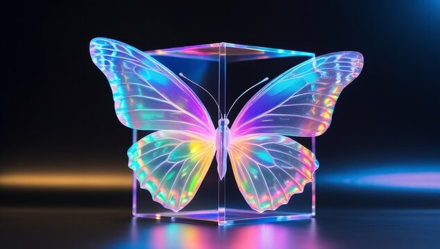 Glow butterfly in geometric prism with rainbow light reflections