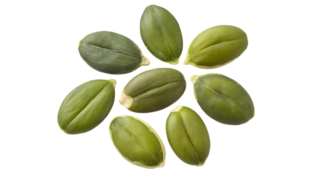 A scattering of vibrant green pumpkin seeds also known as pepitas isolated on transparent background
