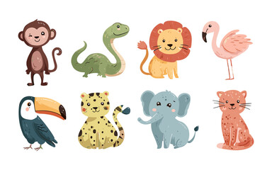 Naklejka premium Cute Jungle Animals Set – Cartoon Safari Illustration