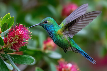 Obraz premium Hummingbird in Flight Near a Vibrant Red Flower