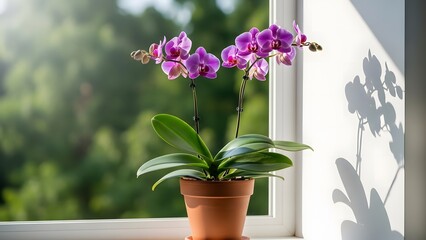 Vibrant purple orchid blooms gracefully on a sunny windowsill with greenery outdoors