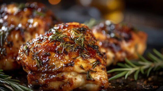 2Close-up of golden-brown roasted chicken pieces with a crisp, spiced crust glistening under warm light, aromatic herbs scattered on a dark textured background