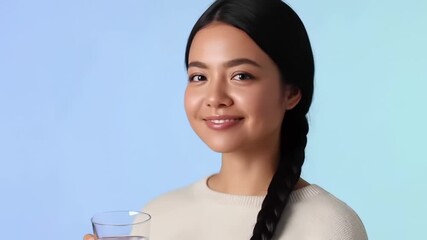 Woman drinking water and smiling in a bright setting encourages hydration and wellness