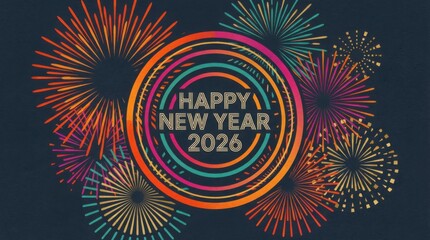 new year postcard template in flat style style featuring abstract rings of fireworks and bright light spots for happy new year 2026 design template