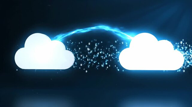 Data sync concept showcasing connected clouds with digital arc. Data sync illustration shows services connected by a luminescent, soft, electric arc, emphasizing streamlined data transfer.