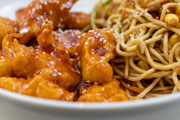 Close-Up of Honey Garlic Chicken with Korean Ramen
