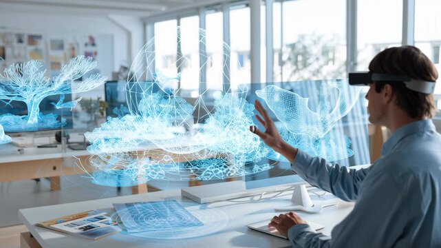 Interactive augmented reality workspace with 3D learning models hovering in front of the user, clean light-filled environment, modern educational tone, augmented reality education tool