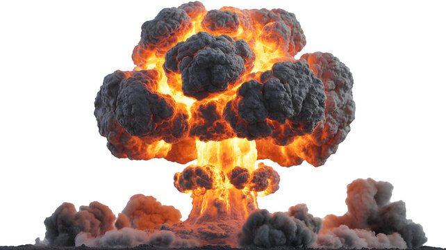 Massive nuclear mushroom cloud explosion with intense fire and smoke isolated on transparent background - Powered by Adobe
