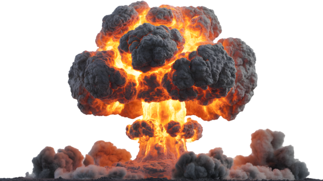 Massive nuclear mushroom cloud explosion with intense fire and smoke isolated on transparent background