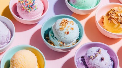 Bright ice cream bowls with various flavors in a sunny spot
