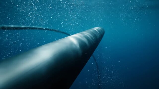 Smooth underwater cable drifts beneath ocean surface, showcasing global connectivity, with subtle reflections. Underwater cable symbolizes modern digital network and connection to distant lands.