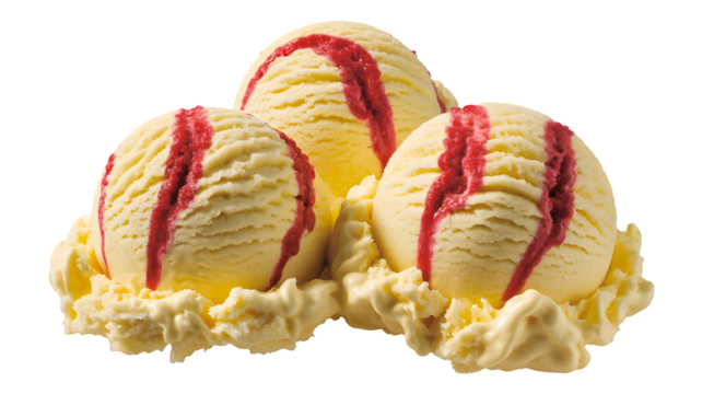 Three scoops of creamy vanilla ice cream swirled with vibrant red strawberry or raspberry sauce isolated on transparent background