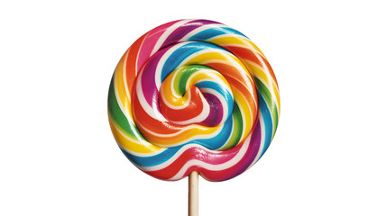 Brightly colored swirling lollipop with multiple vibrant stripes on a wooden stick isolated on transparent background