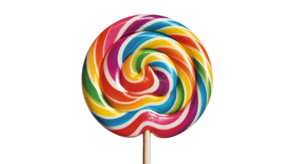 Brightly colored swirling lollipop with multiple vibrant stripes on a wooden stick isolated on transparent background
