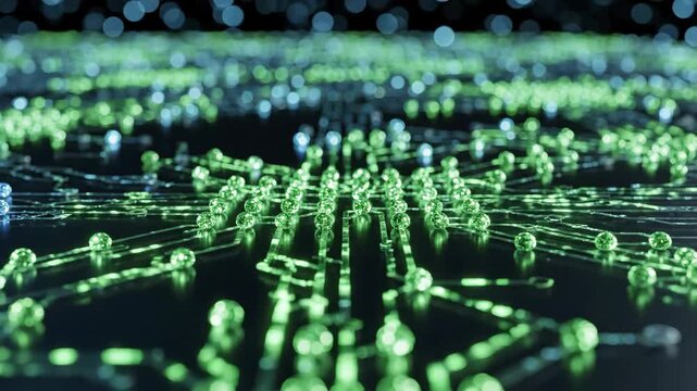 Exploring blockchain node consensus with synchronized flashing nodes. This macro shot displays multiple small nodes flashing in a synchronized pattern, symbolizing blockchain node consensus.
