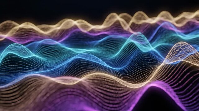 Visualizing frequency ranges: Macro shot presenting smooth waves in layered tones, moving with harmony, demonstrating frequency ranges in communication.