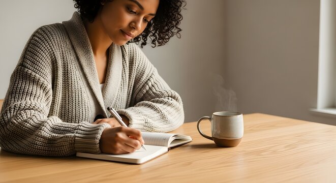 Young woman journaling at a rustic wooden table with a steaming mug for self-reflection and personal growth concept in natural light