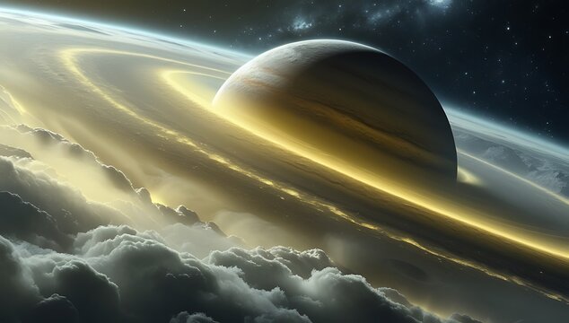 Majestic saturn like planet with glowing rings in deep space