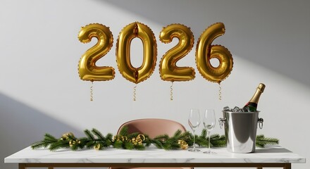 Celebrate 2026 New Year with golden balloons and chilled champagne for elegant, modern, and festive party invitations and commercial promotion