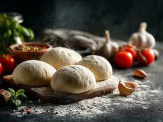 Balls of raw pizza dough, sprinkled with tomatoes, basil and garlic, are laid out on a work surface and prepared for baking, which allows you to create a delicious Italian dish on a dimly lit kitchen 