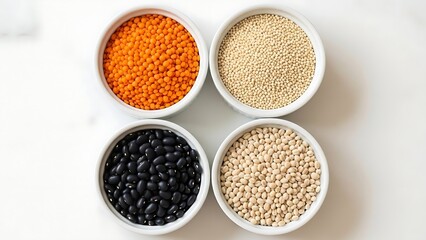 Assortment of healthy legumes and grains in white bowls on a clean background.