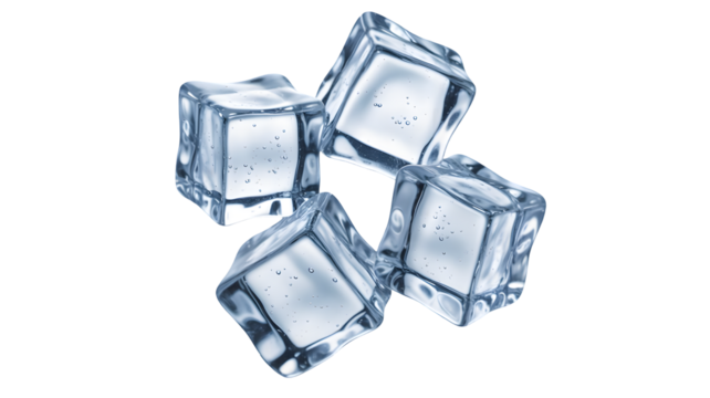 Four clear transparent ice cubes clustered together with light reflecting through them isolated on transparent background