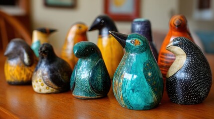 Colorful wooden bird carvings arranged on a table in a cozy room