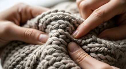 Close up of hands touching and feeling the soft, chunky knit wool of a hat for handmade craft concept and natural textile quality