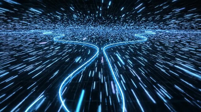Glowing curved line splits into two paths, distributing signal across network. This signal distribution illustrates modern internet channels with luminous light trails.