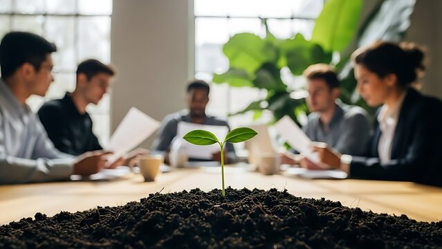 New business growth concept with a green sprout and diverse team in a meeting.