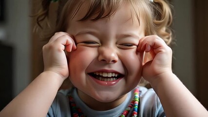 Adorable toddler girl laughing heartily, pulling silly faces in playful home moment, pure joy and happiness, family fun lifestyle, authentic childhood memories