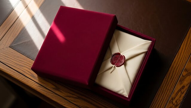Elegant wax sealed letter in a luxurious velvet gift box on a wooden desk.