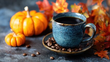 Warm coffee in a blue mug with pumpkins and autumn leaves on a table