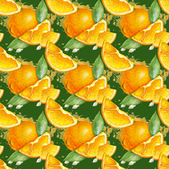 Seamless pattern with oranges, slices, seeds and leaves on a green background. Watercolor illustration with juicy fruits. A bright botanical template for packaging, textiles, wallpaper and tableware.