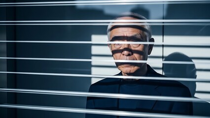 Senior man observing with a serious expression through window blinds.