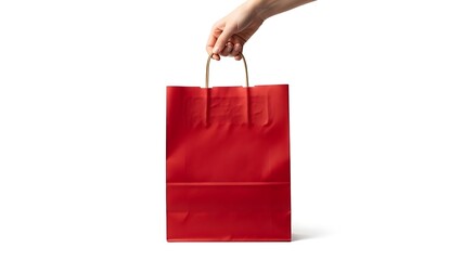 Female hand holding a red shopping bag on a white background.