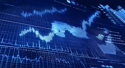 Abstract digital visualization of financial market data with glowing charts and graphs representing global economic trends and technological advancements in a futuristic blue and pink neon light