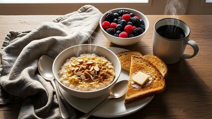 Cozy breakfast still life with oatmeal toast berries and coffee